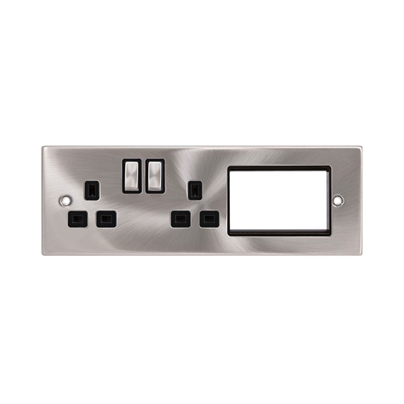 Click New Media 2 x 13A DP Switched Socket Outlets Front Plate Satin Chrome With Insert Black