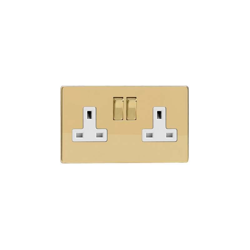 Varilight Screw Less Polished Brass 2 Gang 13A Switched Socket White
