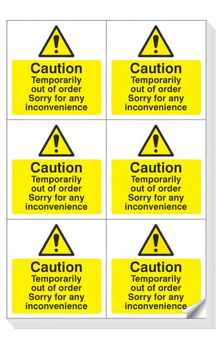 Caution temporarily out of order easy peel labels sheet of 6