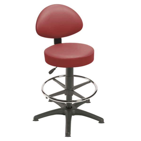 Gas Lift Examination Stool with Back Rest, Glides and Foot Ring - Red Wine