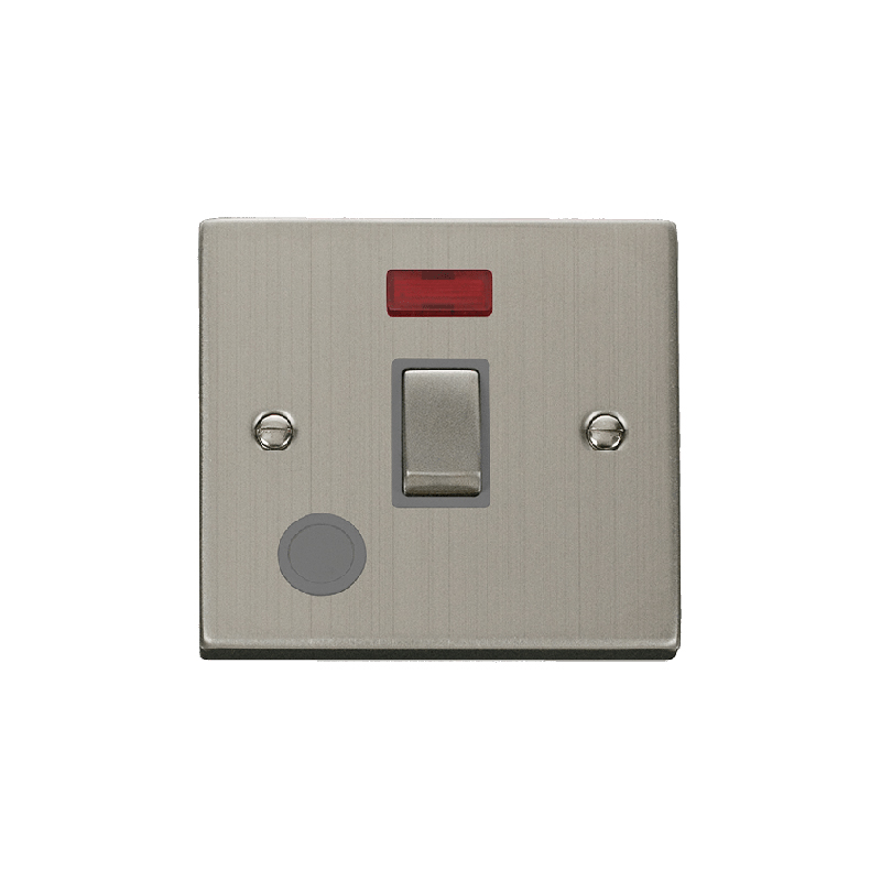 Click Deco 20A 1 Gang DP 'Ingot' Switch With Flex Outlet and Neon Stainless Steel Insert Grey