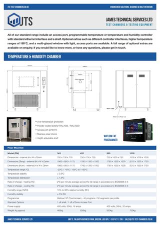 Technical Specifications for Floor Mounted Temperature & Humidity Chambers