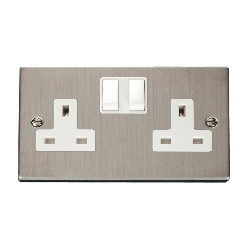 Click Deco 2 Gang 13A DP Switched Socket Outlet (Twin Earth) Stainless Steel Insert White