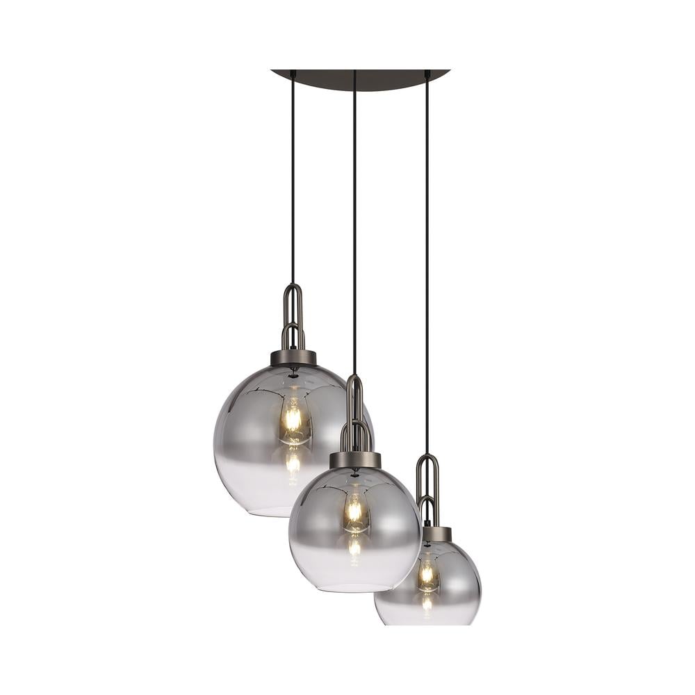 Luxuria Kennith 60cm 2m Round Pendant 3 Light E27 With Various Glasses Antique Silver / Smoked / Matt Black