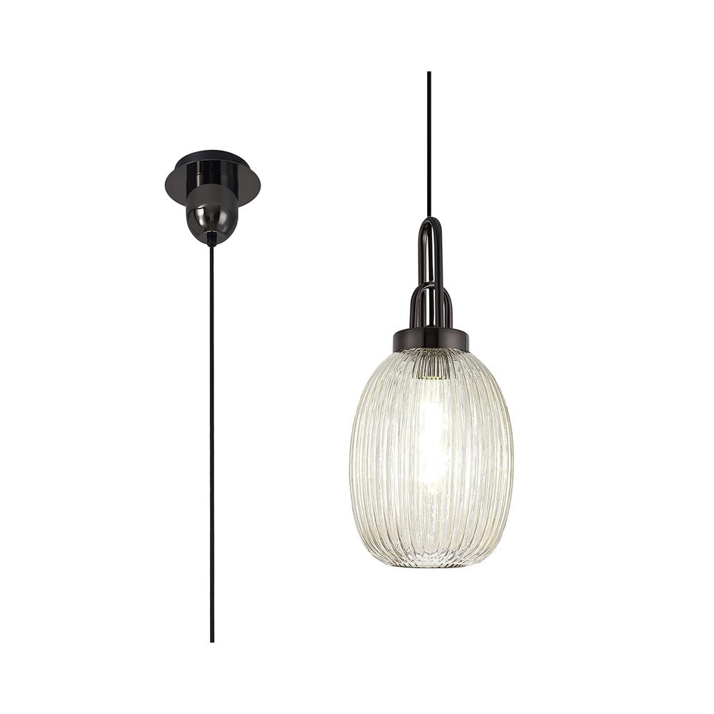 Luxuria Kennith Pendant Light E27 With 20cm Almond Ribbed Glass Champagne Black Chrome/Matt Black