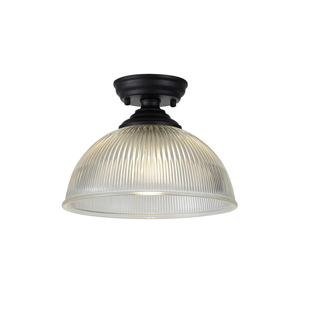 Luxuria Sirius Flush Ceiling Light E27 With Dome 30cm Glass Shade Matt Black/Clear