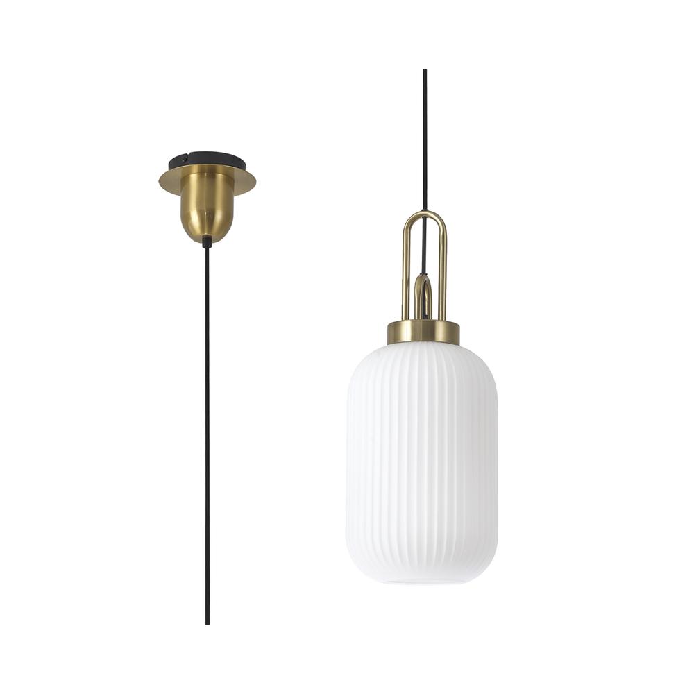 Luxuria Kennith Pendant Light E27 With 20cm Tubular Ribbed Glass Opal Brass Gold/Matt Black