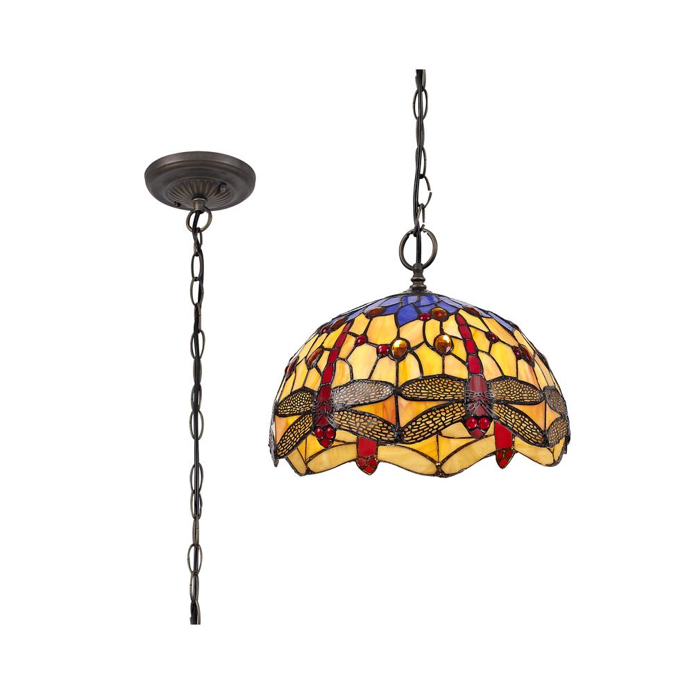 Luxuria Broadway 1 Light Downlighter Pendant E27 With 30cm Tiffany Shade Blue/Orange/Crystal/Aged Antique Brass