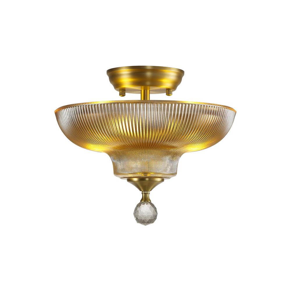 Luxuria Sirius Flush Ceiling Light 2xE27 With Round 30cm Glass Shade Satin Gold/Amber