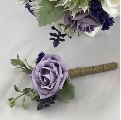 Artificial Silk Open Foam Rose Buttonhole With Ruscus And Dusty Miller Leaves