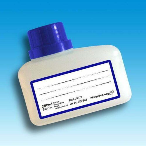 Water Sampling Bottle 250ml - Sterile Sodium Thiosulphate Dosed  Blue cap 18mg L with label 140