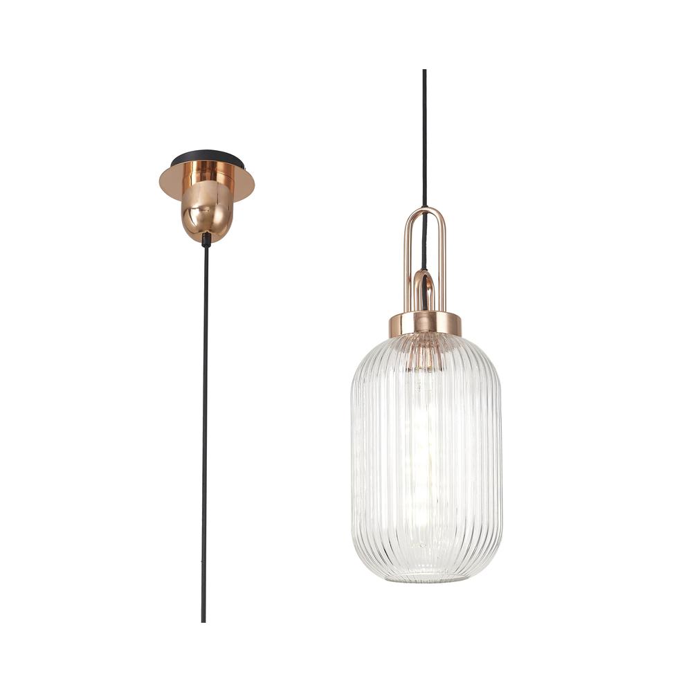 Luxuria Kennith Pendant Light E27 With 20cm Tubular Ribbed Glass Clear Copper/Matt Black