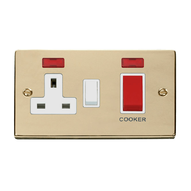 Click Deco 45A DP Switch with 13A Switched Socket and Neons Polished Brass Insert White