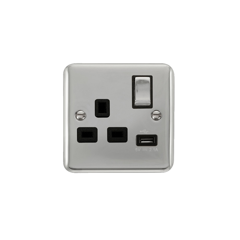 Click Deco Plus 13A Ingot 1G Switched Socket Outlet With USB Outlet Polished Chrome Insert Black