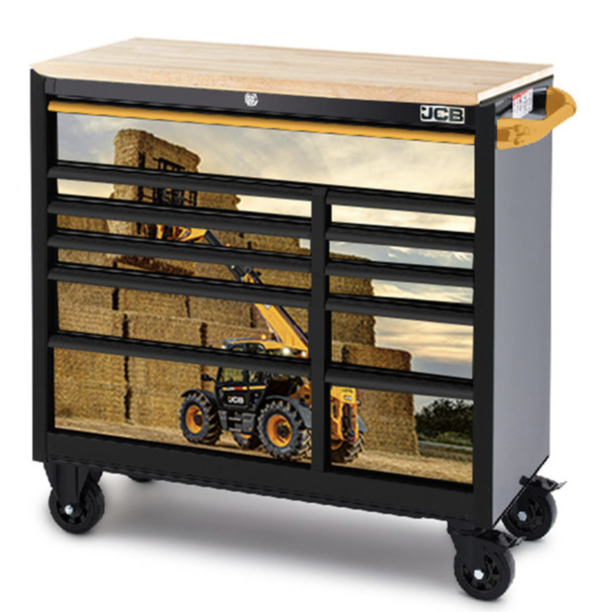 JCB 42’’ Roller Tool Cabinet, 11 Drawers, Steel With Hardwood Worktop And Telehandler Wrap 