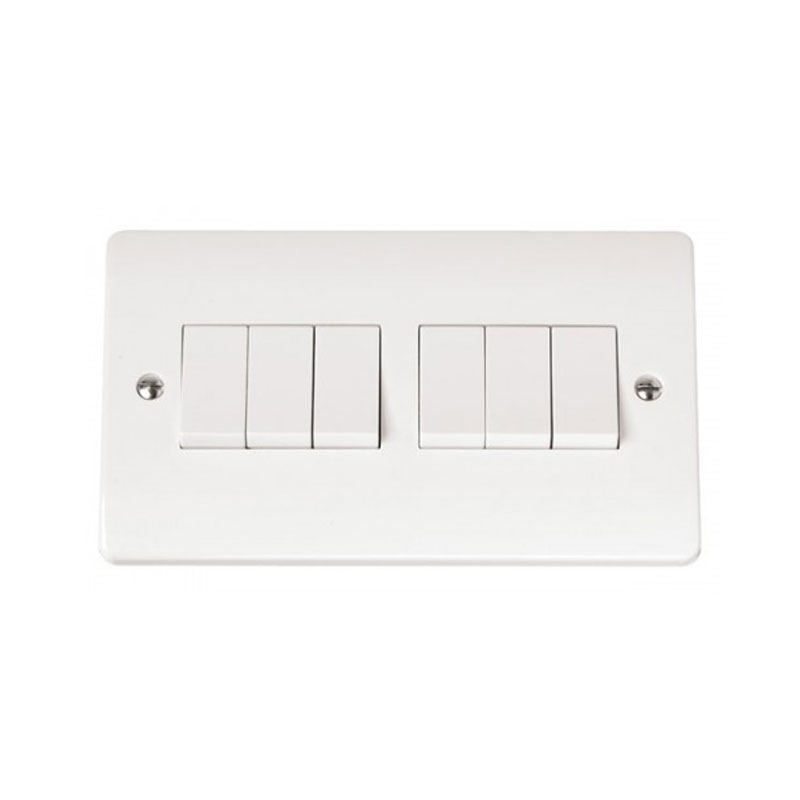 Click Plate Switch 6 Gang 2 Way 10 Amp White PVC