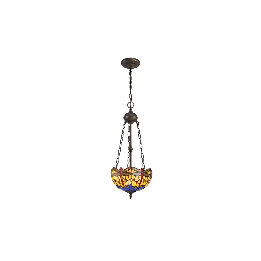 Luxuria Broadway 2 Light Uplighter Pendant E27 With 30cm Tiffany Shade Blue/Orange/Crystal/Aged Antique Brass