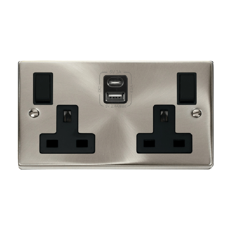 Click Deco 2G 13A Switched Socket With Type A & C USB 4.2A Outlets Satin Chrome Insert Black