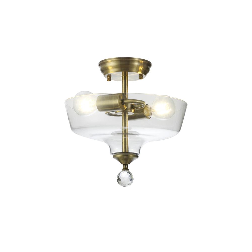 Luxuria Sirius Flush Ceiling Light 2xE27 With Flat Round 30cm Glass Shade Antique Brass/Clear