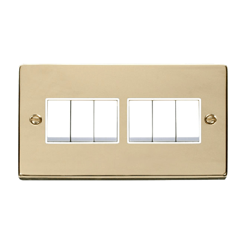 Click Deco 6 Gang 2 Way 10AX Switch Polished Brass White Inserts