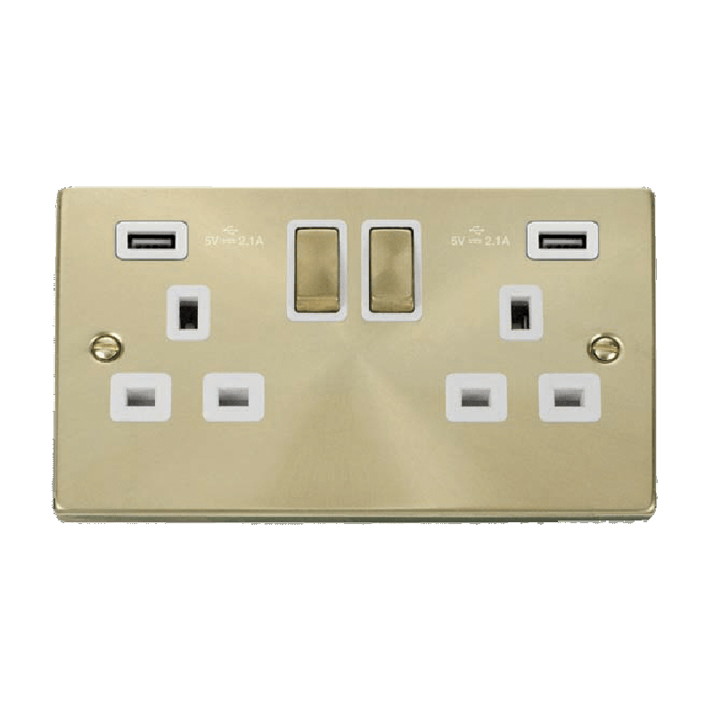 Click Deco 13A Ingot 2G Switched Socket With Twin USB 4.2A Outlets Satin Brass Insert White