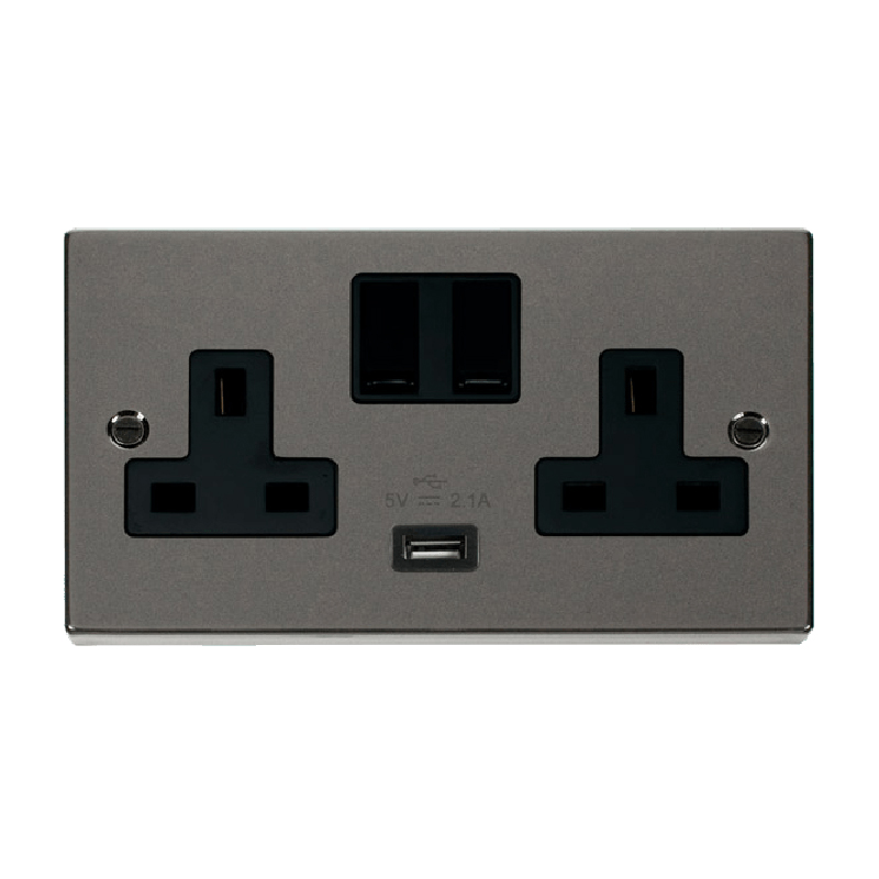 Click Deco 13A 2G Switched Socket With USB Outlet Black Nickel Insert Black