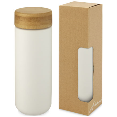 LUMI 300 ML CERAMIC POTTERY TUMBLER with Bamboo Lid in White.