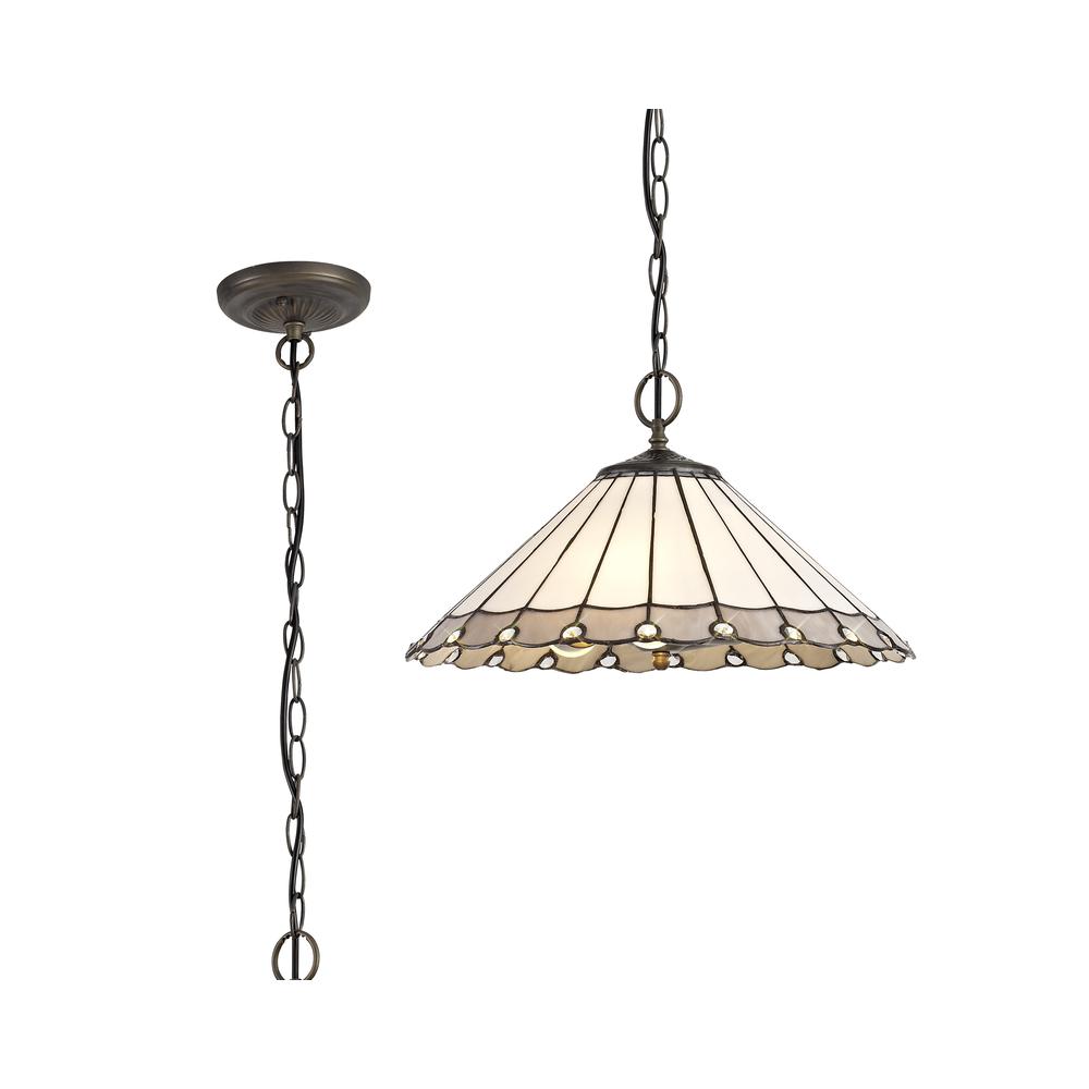 Luxuria Sleek 40.5cm 3 Light Downlighter Pendant E27 With 40cm Tiffany Shade Grey/Cream/Crystal/Aged Antique Brass