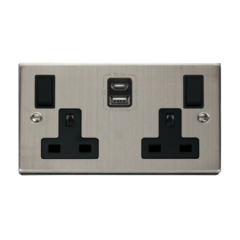 Click Deco 2G 13A Switched Socket With Type A & C USB 4.2A Outlets Stainless Steel Insert Black