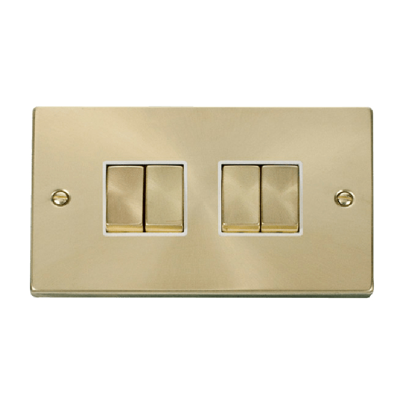 Click Deco 4 Gang 2 Way Ingot 10AX Switch Satin Brass White Inserts