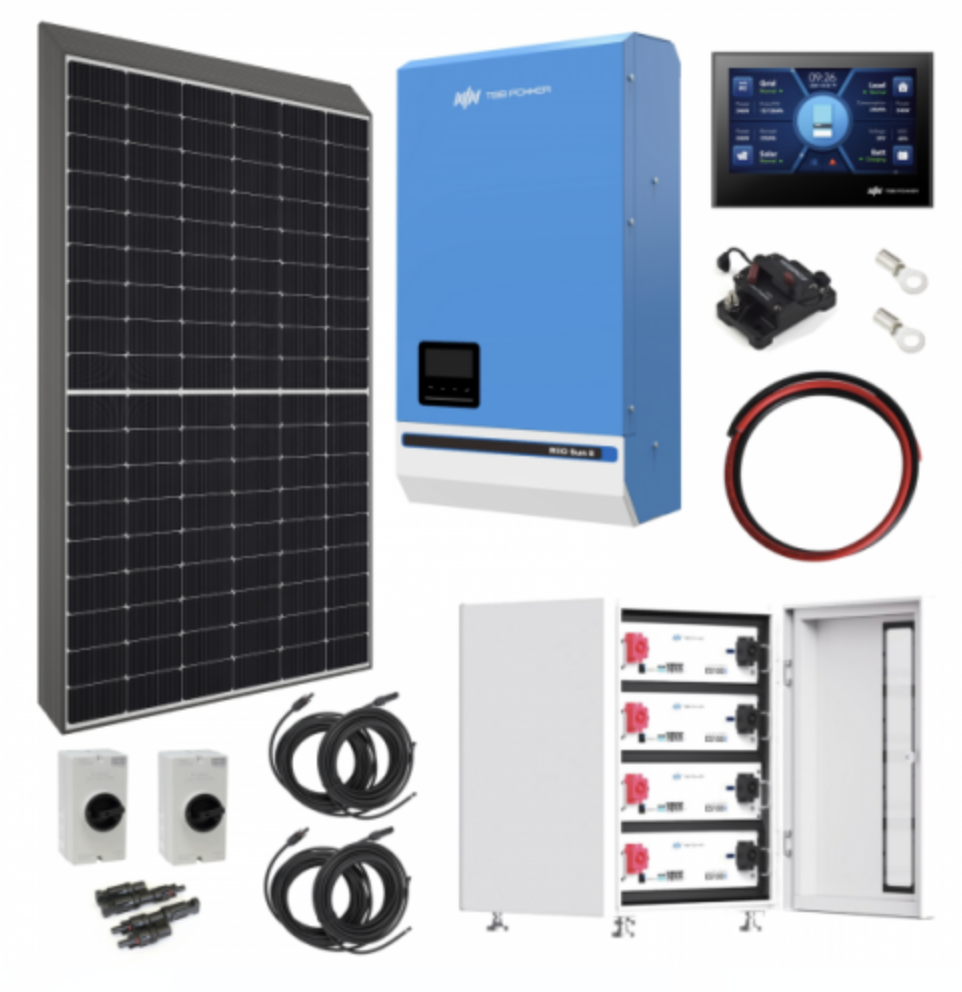 TBB Power 6.56Kw 48V Complete Off-Grid Solar Power System With 16 X 410W Sharp Solar Panels, 8Kw TBB Power Riiosun Hybrid Inverter And 4 X TBB Power Es100Ii 105Ah Batteries With Ip65 Cabinet