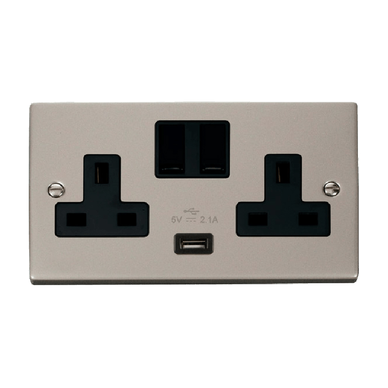 Click Deco 13A 2G Switched Socket With USB Outlet Pearl Nickel Insert Black