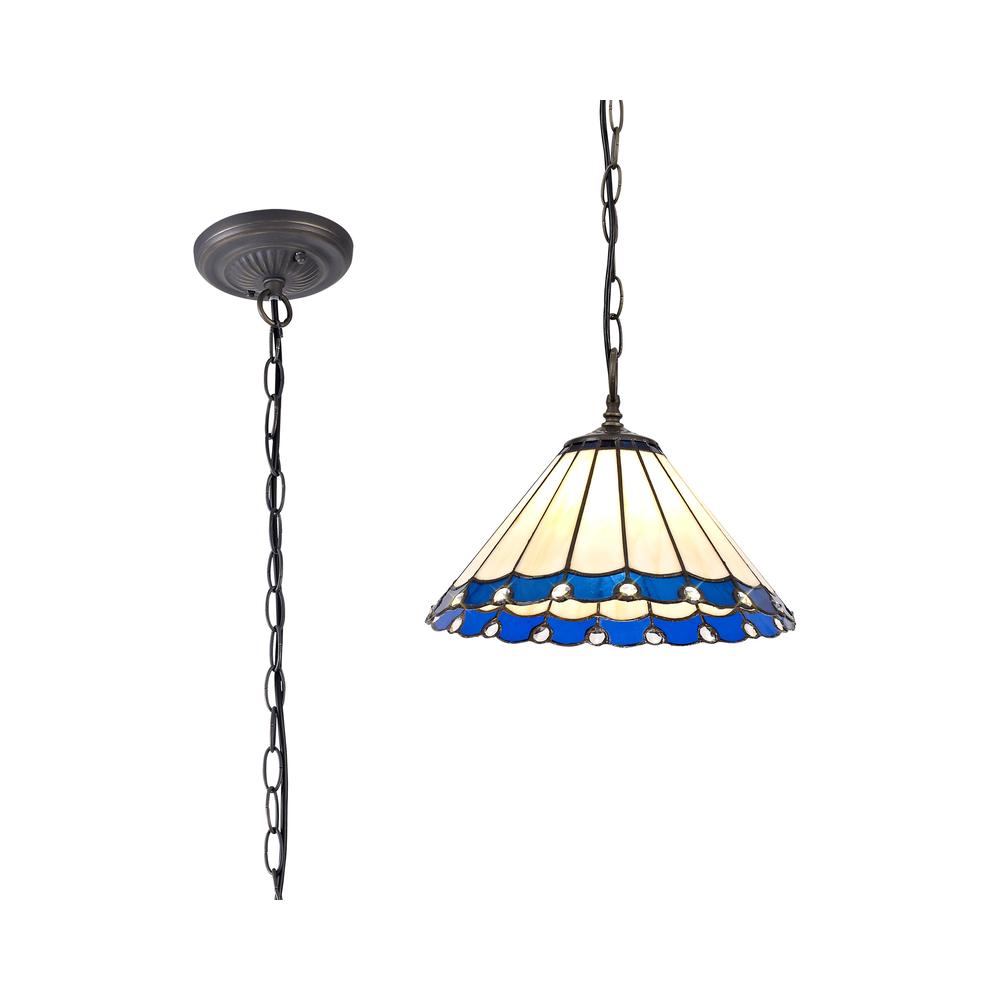 Luxuria Sleek 1 Light Downlighter Pendant E27 With 30cm Tiffany Shade Blue/Cream/Crystal/Aged Antique Brass