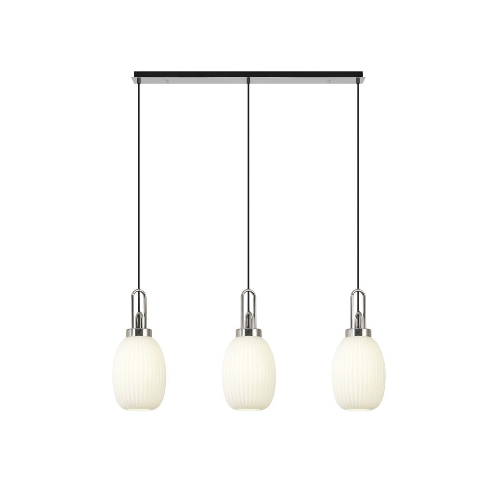 Luxuria Kennith Linear 3 Light Pendant E27 With 20cm Almond Ribbed Glass Opal Polished Nickel/Matt Black