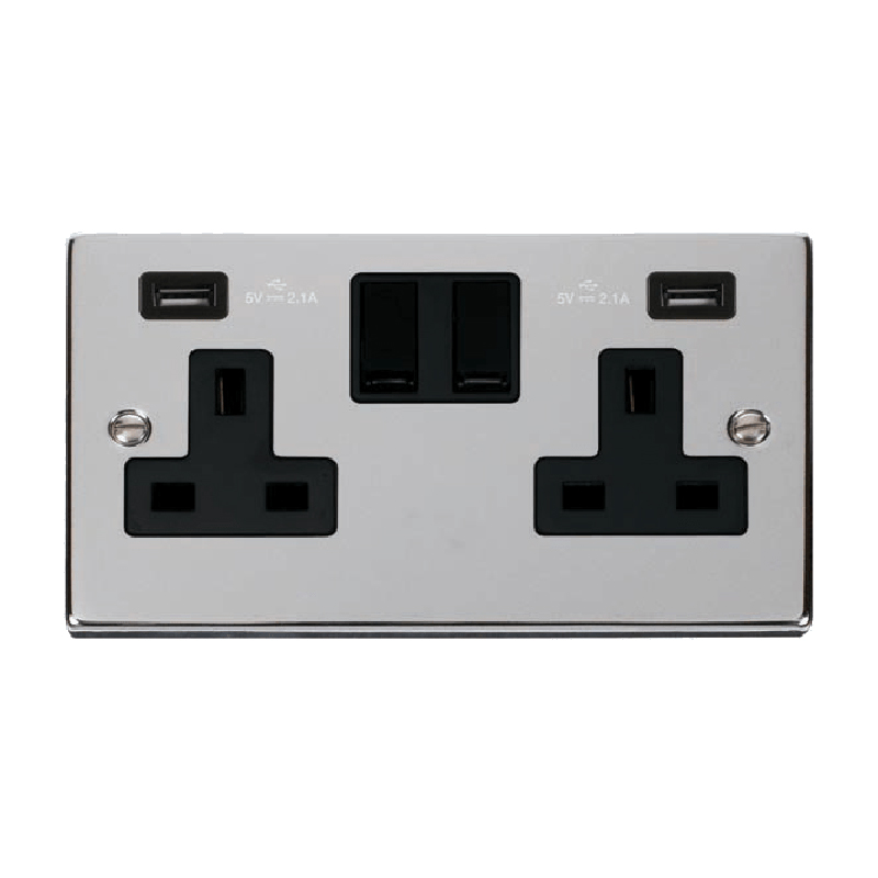 Click Deco 13A 2G Switched Socket with Twin 2.1A USB Outlets Polished Chrome Insert Black