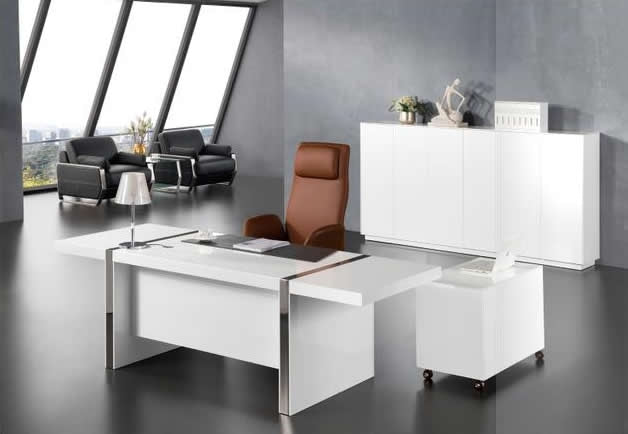 Large Gloss White Executive Office Desk with Drawer Pedestal and Side Return - 2400mm - 0991 UK