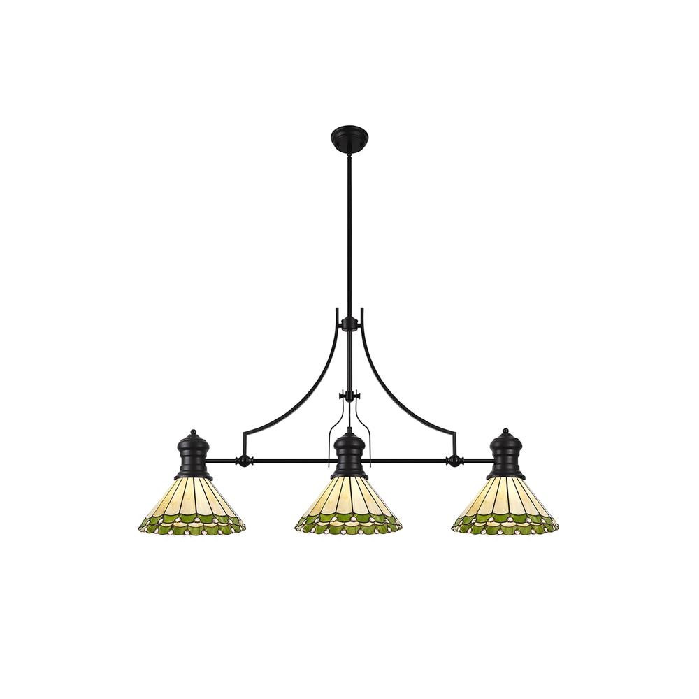 Luxuria Sleek 3 Light Linear Pendant E27 With 30cm Tiffany Shade Matt Black Green Cream Crystal