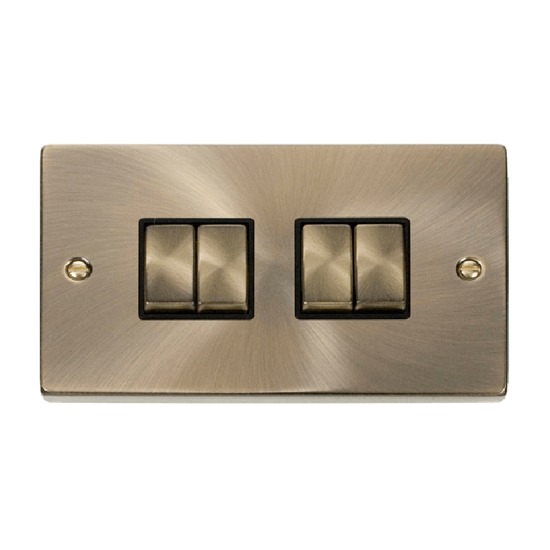 Click Deco 4 Gang 2 Way Ingot 10AX Switch Antique Brass Black Inserts