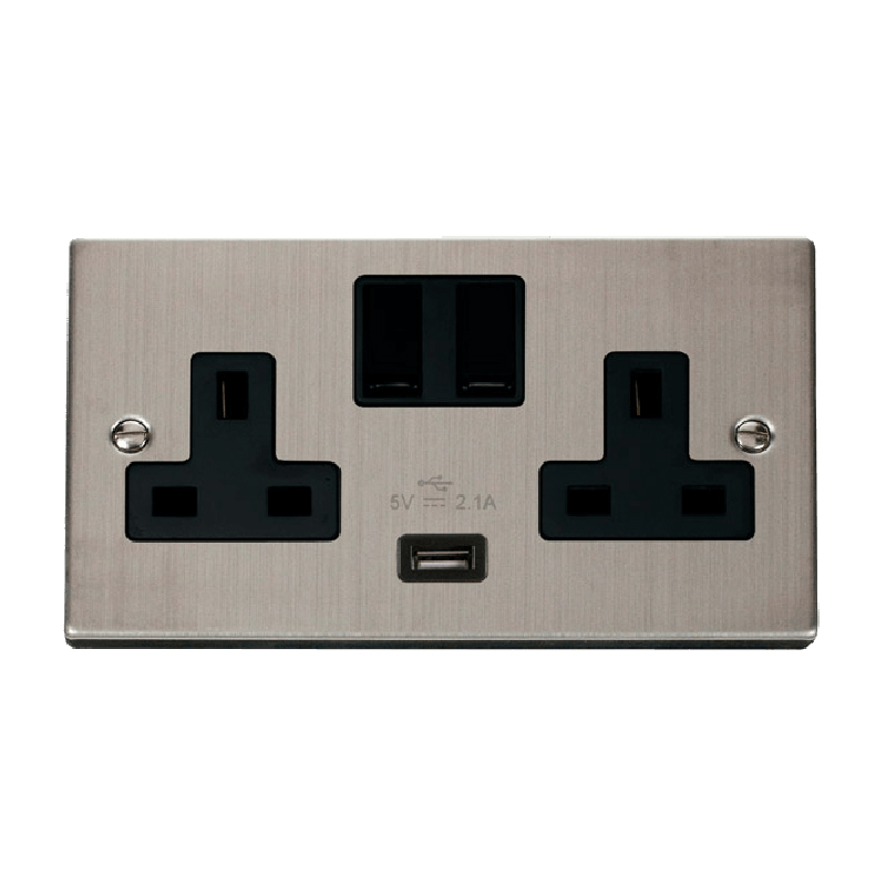 Click Deco 13A 2G Switched Socket With USB Outlet Stainless Steel Insert Black