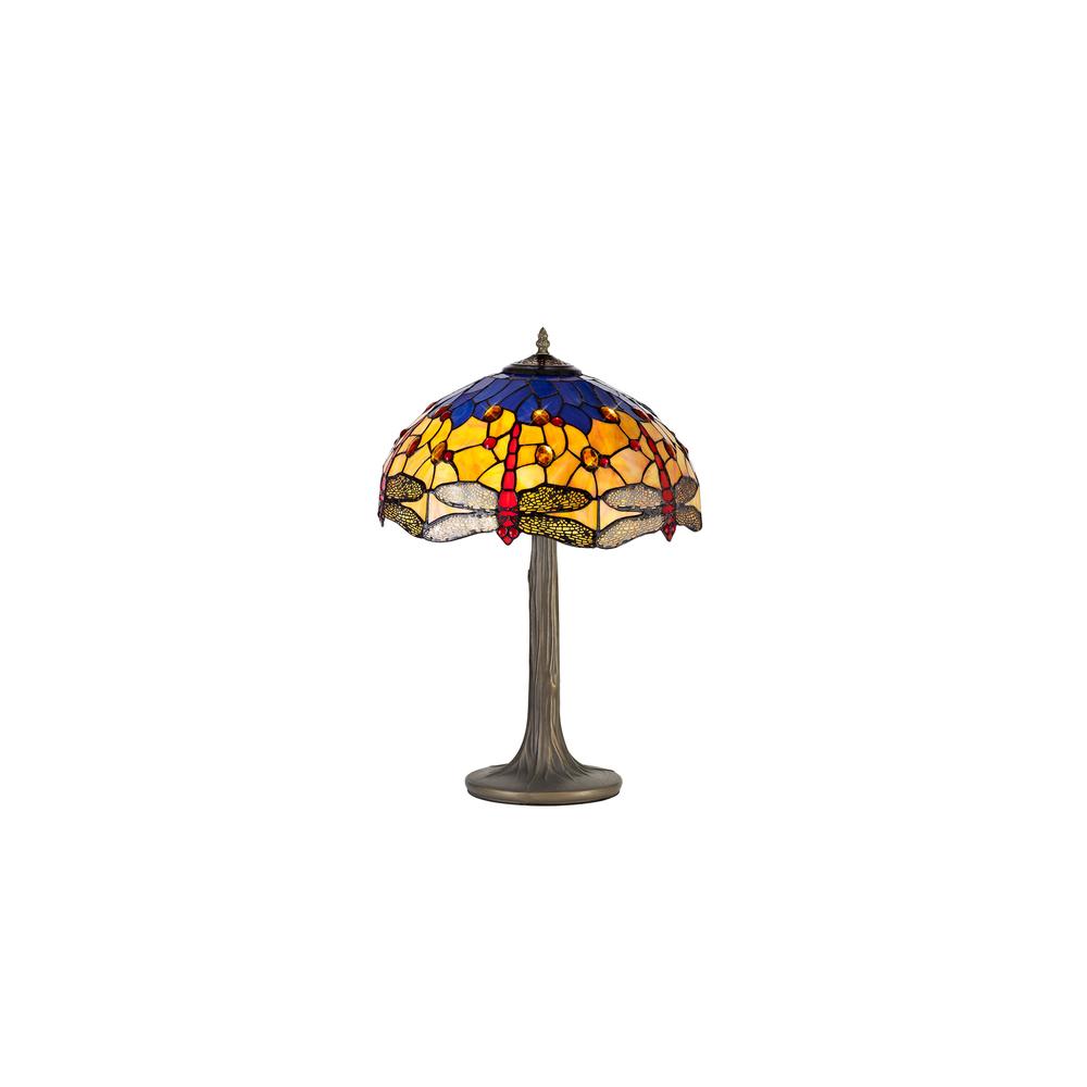 Luxuria Broadway 2 Light Tree Like Table Lamp E27 With 40cm Tiffany Shade Blue/Orange/Crystal/Aged Antique Brass