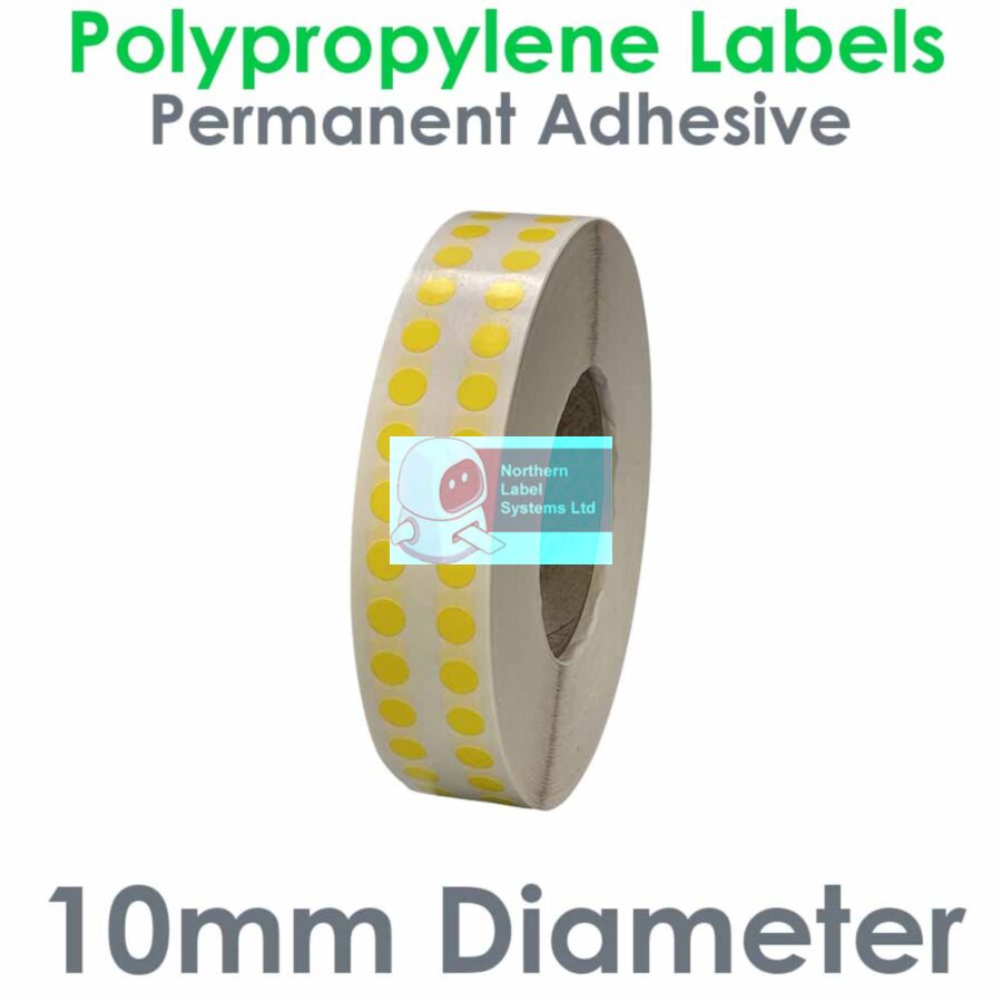010DIAGPNPY2-20000, 10mm Diameter Gloss Yellow Polypropylene Label, 2 Across, Permanent Adhesive, FOR LARGER LABEL PRINTERS