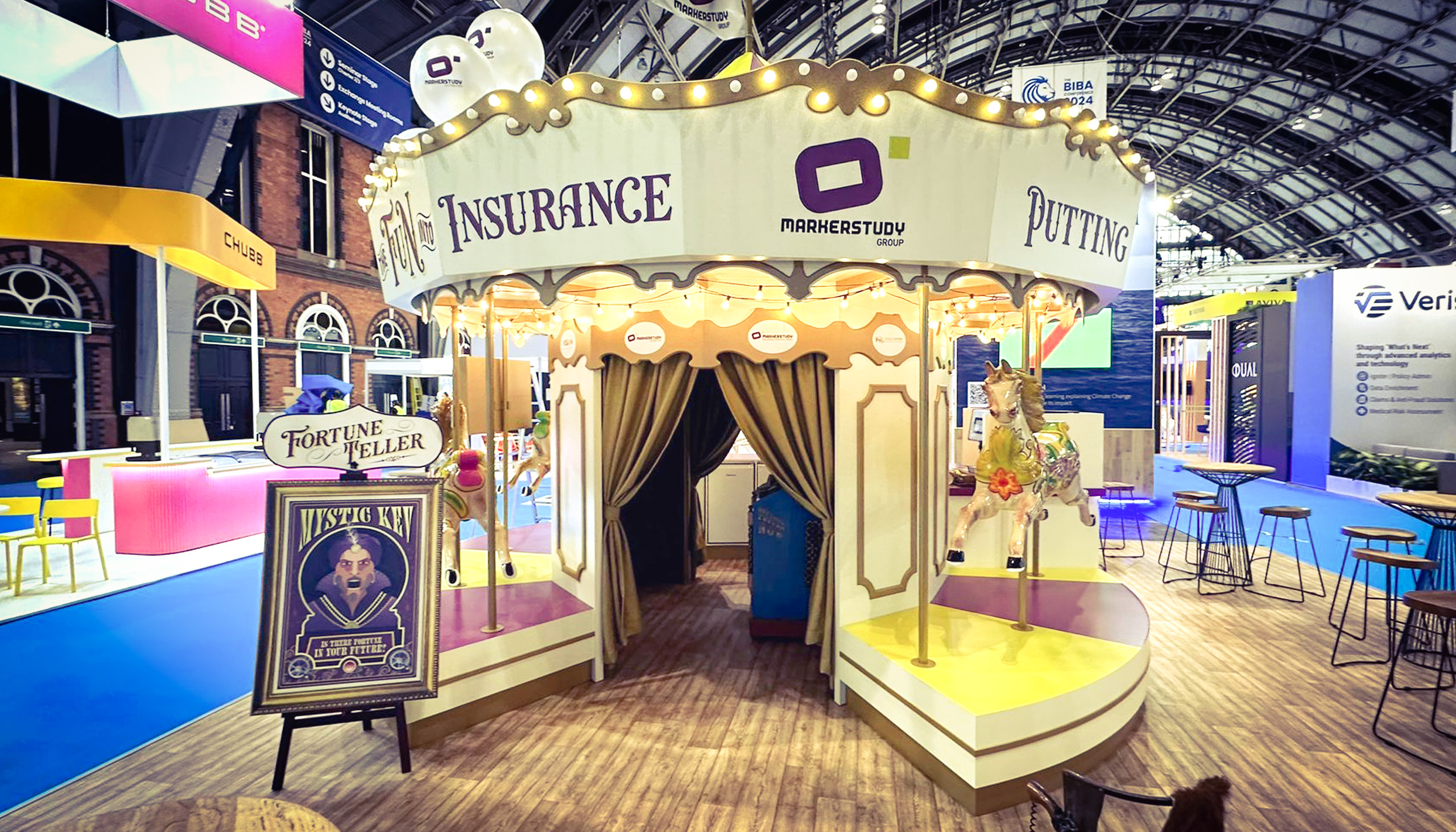 Opus 3 Events Ltd install a Movetech UK turntable to assist in creating Markerstudy Group’s exhibition stand to put ‘The Fun into Insurance’ at The BIBA 2024 Conference