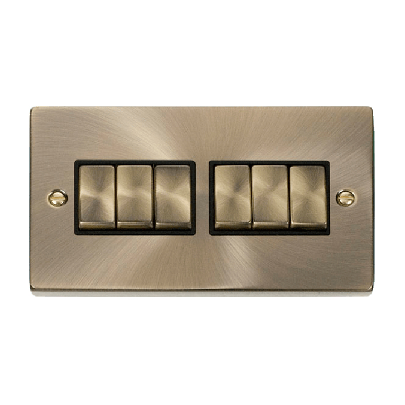 Click Deco 6 Gang 2 Way Ingot 10AX Switch Antique Brass Black Inserts