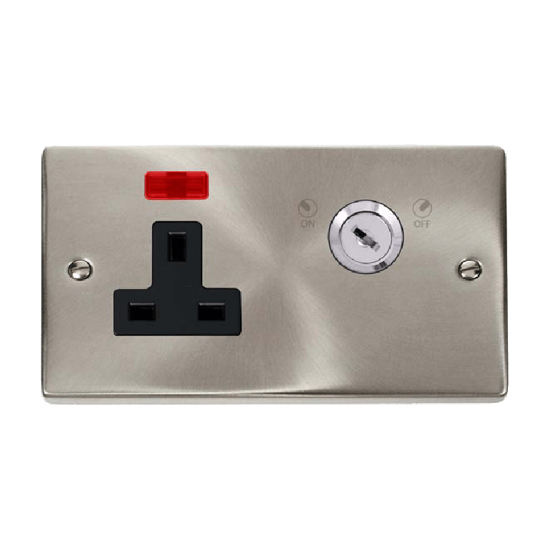 Click Deco 13A 1 Gang DP Key Lockable Socket With Neon Satin Chrome Insert Black