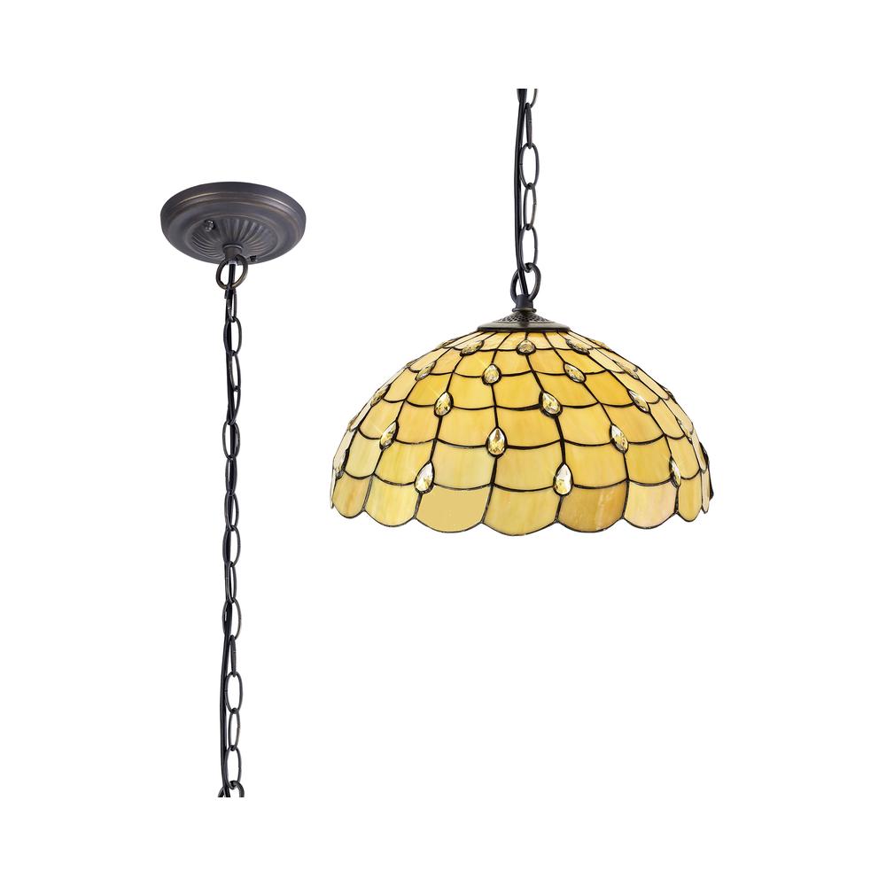 Luxuria Luna 1 Light Downlighter Pendant E27 With 50cm Tiffany Shade Beige/Clear Crystal/Aged Antique Brass