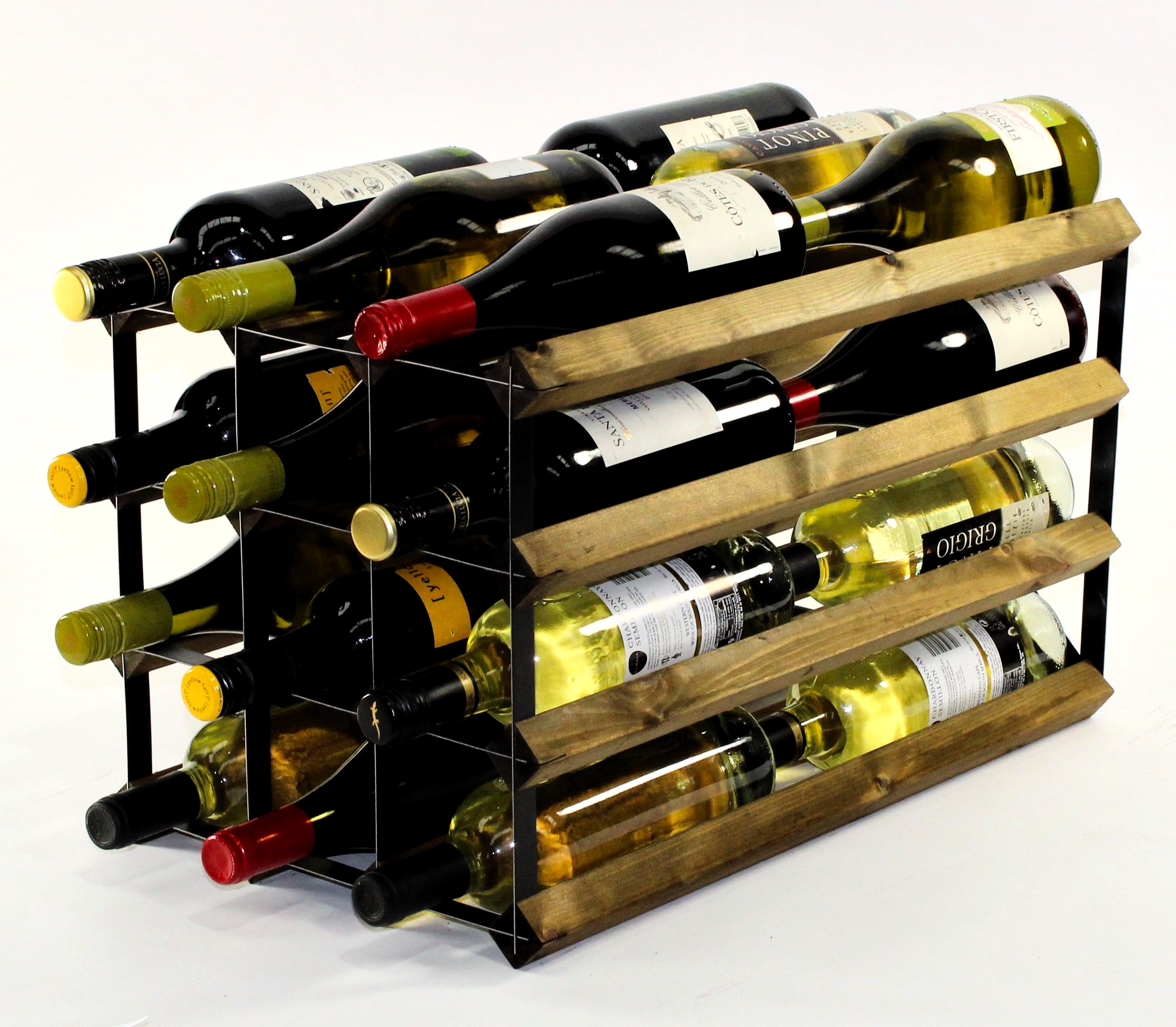 Double depth 24 bottle wine rack - Walnut stain wood - Black metal