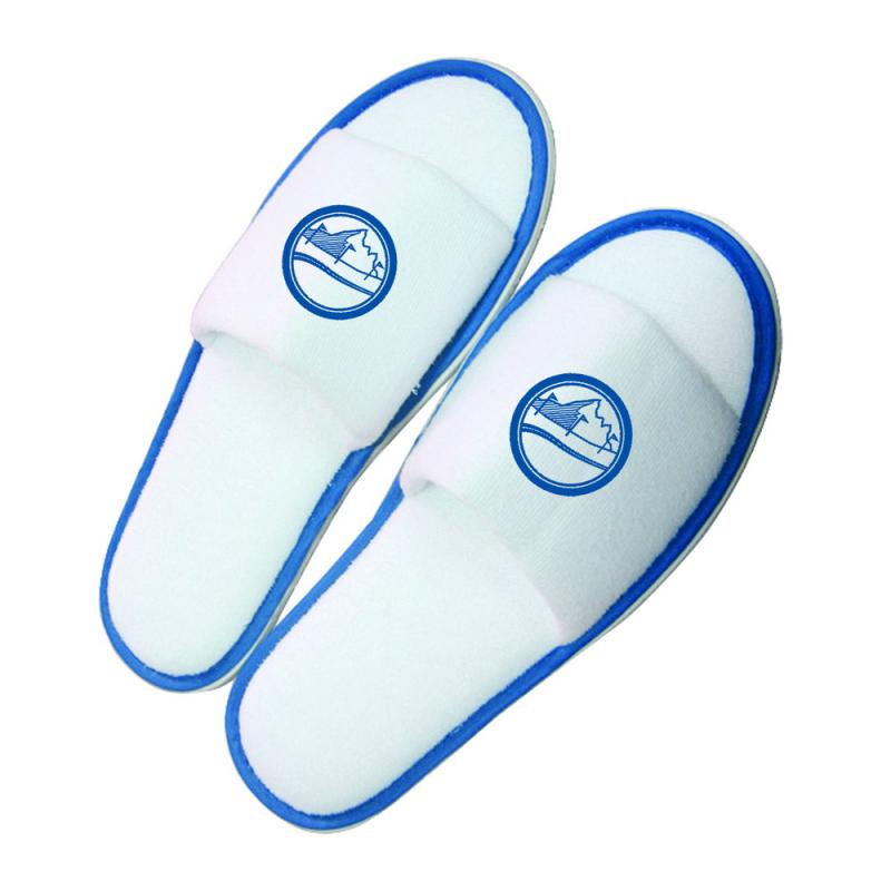 Pair of slippers, open toe, white terry with coloured band and with EVA sole