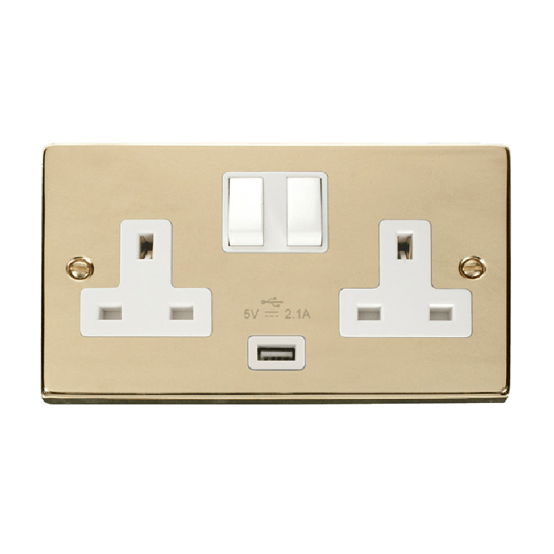 Click Deco 13A 2G Switched Socket With USB Outlet Polished Brass Insert White