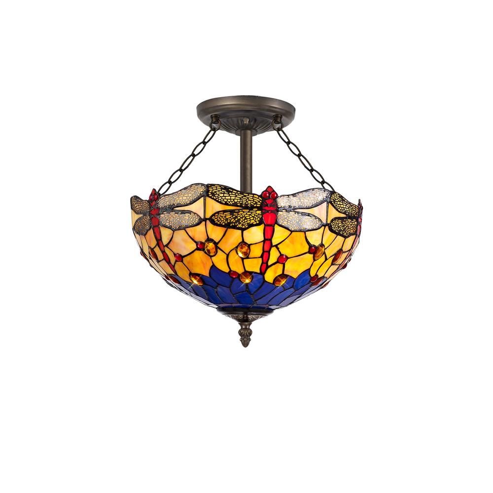 Luxuria Broadway 41cm 3 Light Semi Flush E27 With 40cm Tiffany Shade Blue/Orange/Crystal/Aged Antique Brass