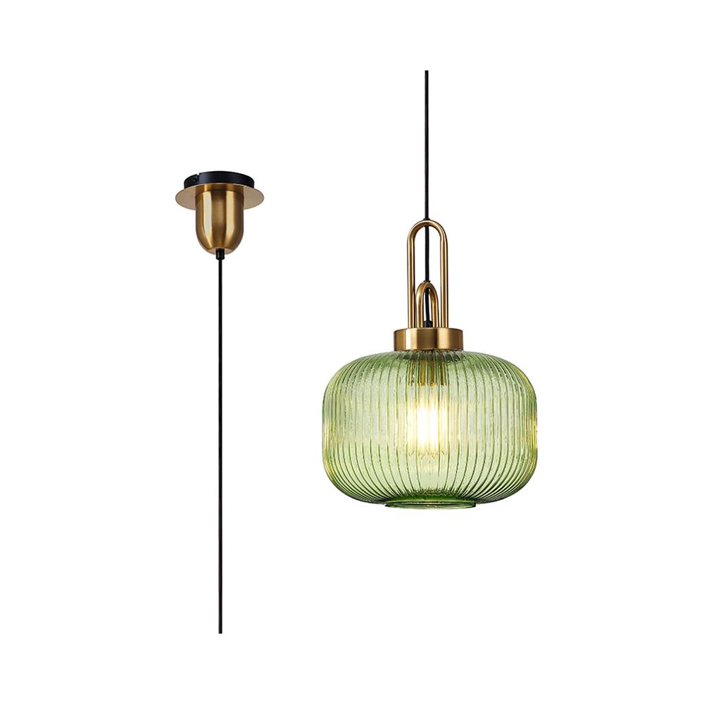 Luxuria Kennith 1 Light E27 Pendant With 30cm Pumpkin Ribbed Glass Brass Gold / Green / Matt Black